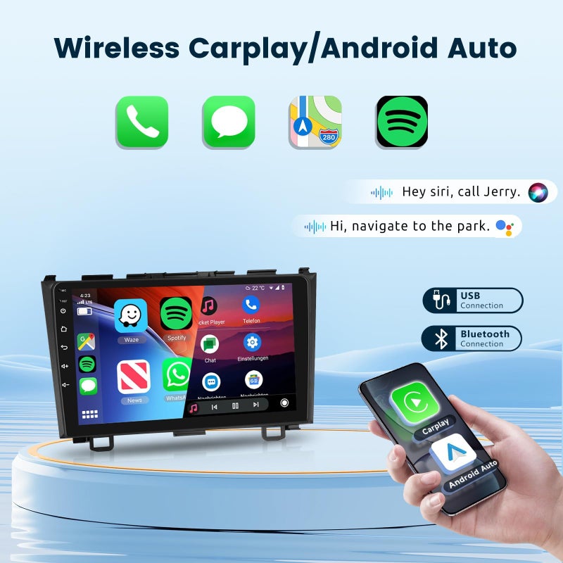 Podofo 2G+64G Android Car Stereo for Honda CRV 2007-2011 with Wireless Carplay/Android Auto with WiFi GPS Navigation, 9" Touchscreen Bluetooth Car Radio Support USB FM/RDS EQ HD Backup - Image 3