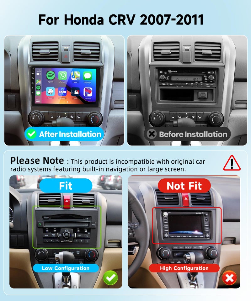 Podofo 2G+64G Android Car Stereo for Honda CRV 2007-2011 with Wireless Carplay/Android Auto with WiFi GPS Navigation, 9" Touchscreen Bluetooth Car Radio Support USB FM/RDS EQ HD Backup - Image 2