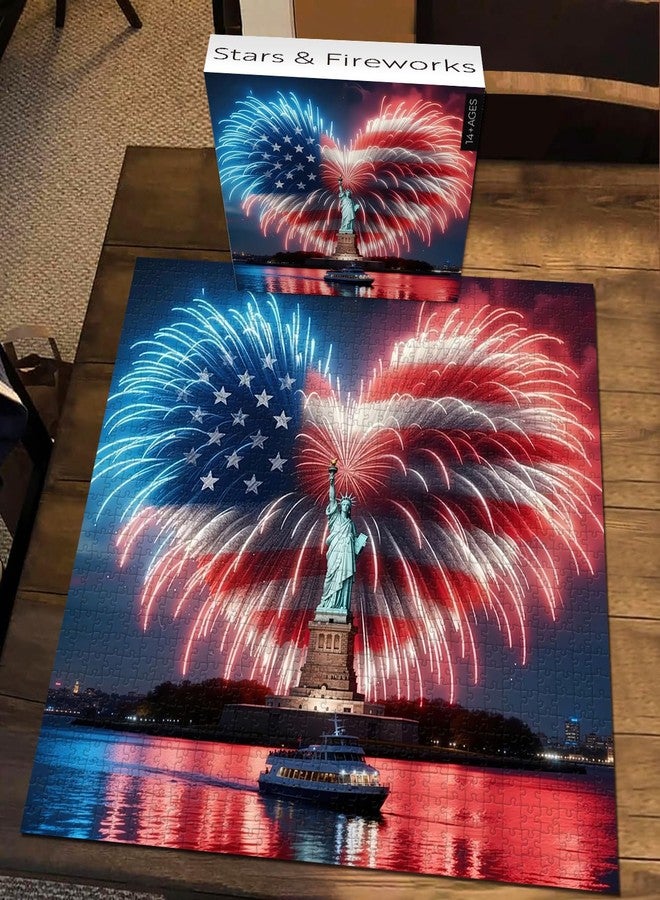 PICKFORU Stars & Fireworks Jigsaw Puzzle 1000 Pieces, American Flag Statue of Liberty Puzzles for Adults, Unique Firework Heart 1000 Piece Puzzle as Wall Decor - Image 2