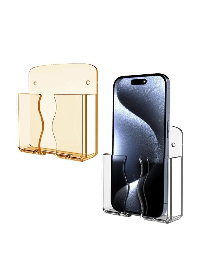 Peachjoy 2pcs Wall Mounted Phone Holder, Clear Stand Self Adhesive With Charging Hole Compatible With iPhone and Android Smartphone, Cradle Bedside Organizer Remote Control Stand for Home Office 
