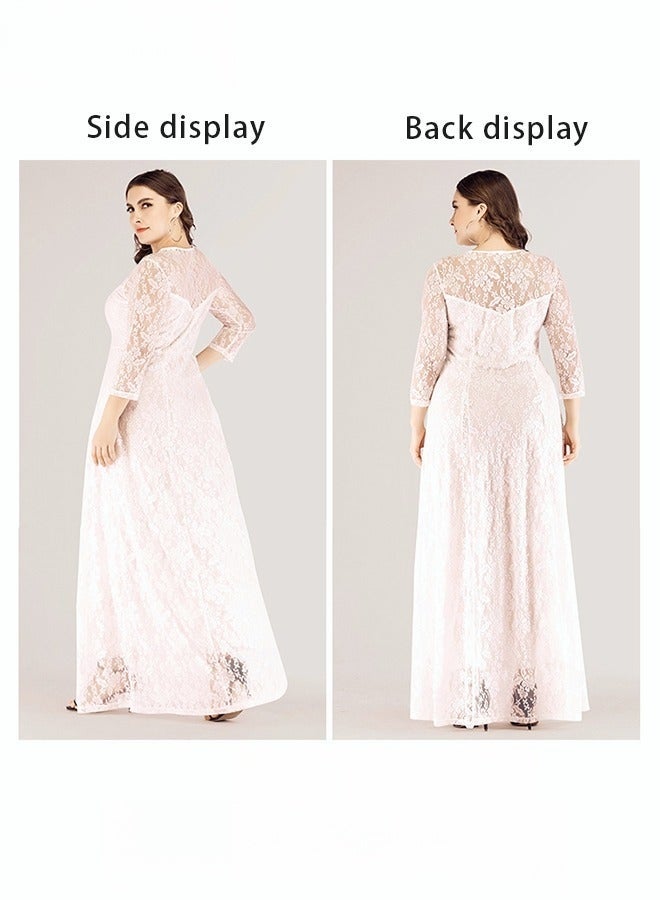 Women's Plus Size Lace Dress for Wedding Party Dating, Solid Color Midi Long Loose Dress, Transparent Three Quarter Sleeve Boat Neck Large Hem Elegant Evening Dresses, White - Image 2