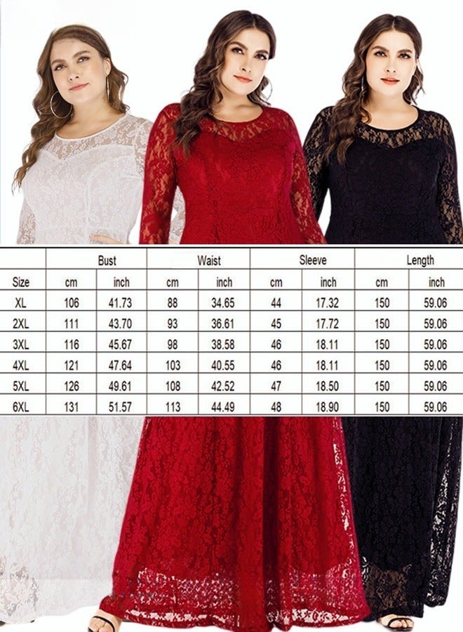 Women's Plus Size Lace Dress for Wedding Party Dating, Solid Color Midi Long Loose Dress, Transparent Three Quarter Sleeve Boat Neck Large Hem Elegant Evening Dresses, White - Image 4