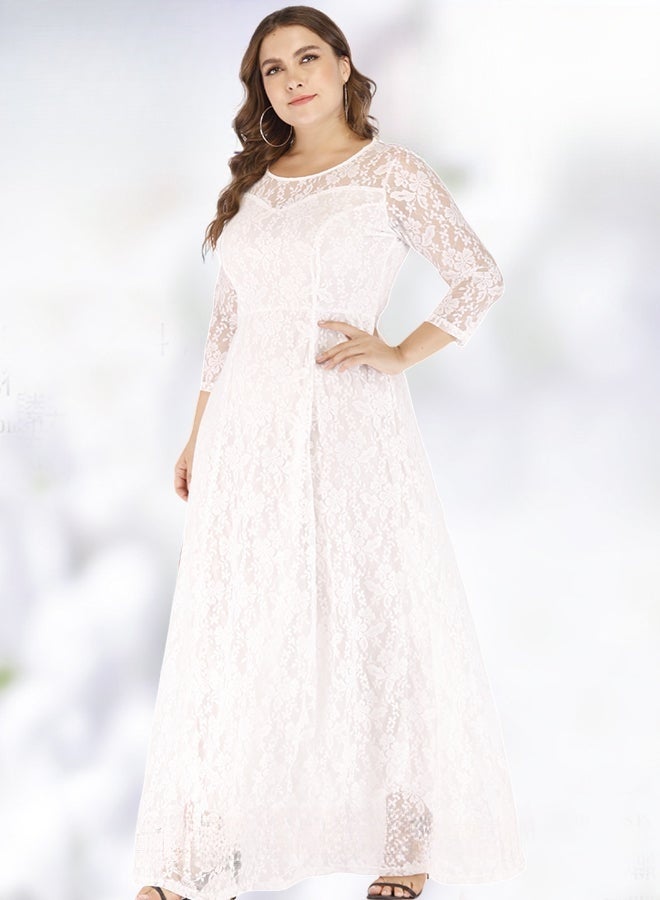 Women's Plus Size Lace Dress for Wedding Party Dating, Solid Color Midi Long Loose Dress, Transparent Three Quarter Sleeve Boat Neck Large Hem Elegant Evening Dresses, White - Image 1