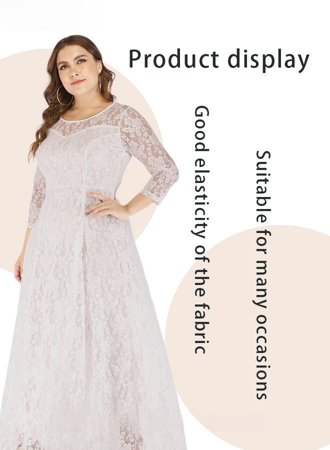 Women's Plus Size Lace Dress for Wedding Party Dating, Solid Color Midi Long Loose Dress, Transparent Three Quarter Sleeve Boat Neck Large Hem Elegant Evening Dresses, White - Image 3