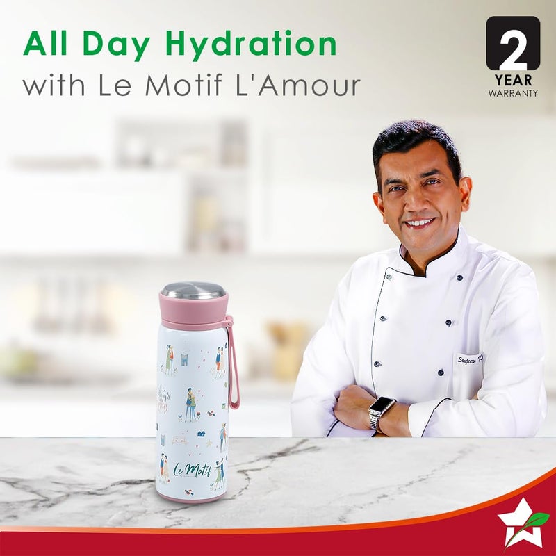 Wonderchef Le Motif L'Amour, 420ml, Stainless Steel Double Wall Water Bottle, 3D Embossed Design, Spill & Leak Proof, 2 Years Warranty - Image 2