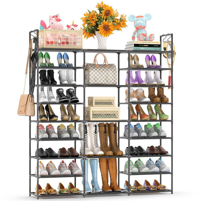 Kottwca Shoe Rack Organizer Large Shoe Rack for Entryway Closet Metal Shoe Shelf for Shoes and Boots Big NonWoven Fabric Shoe Storage Organizer with Hooks for Cloakroom Black