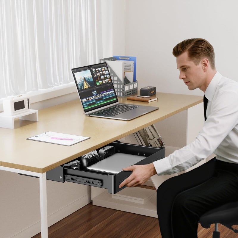 PUTORSEN Under Desk Storage Drawer 15.7" Wide - Smooth Slide Out Organizer for Standing Desk & Home Office,Max Load 17.6 lbs,Quiet Glide, Black - Image 2