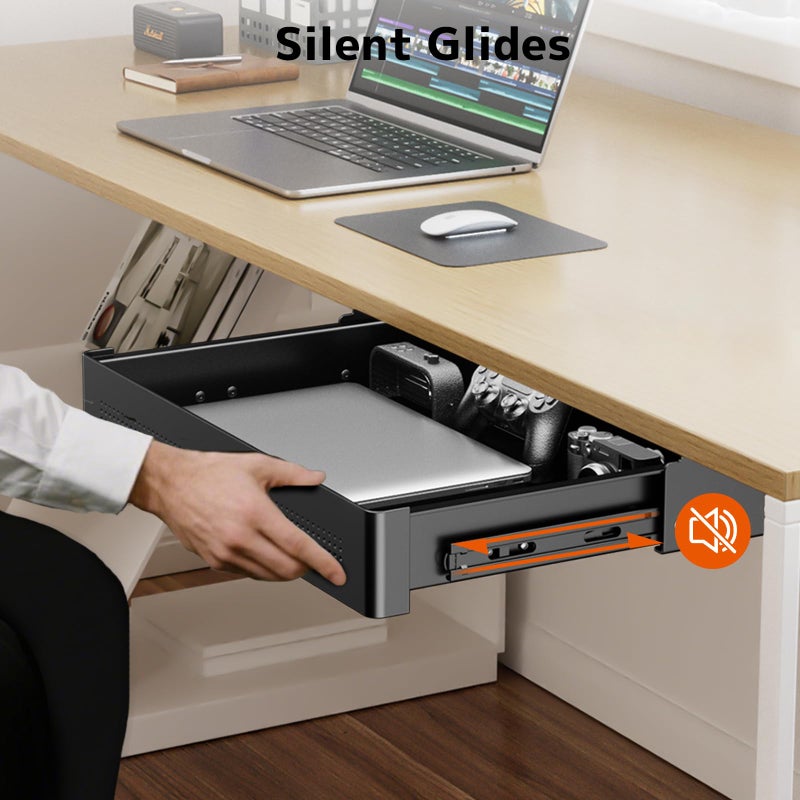PUTORSEN Under Desk Storage Drawer 15.7" Wide - Smooth Slide Out Organizer for Standing Desk & Home Office,Max Load 17.6 lbs,Quiet Glide, Black - Image 4