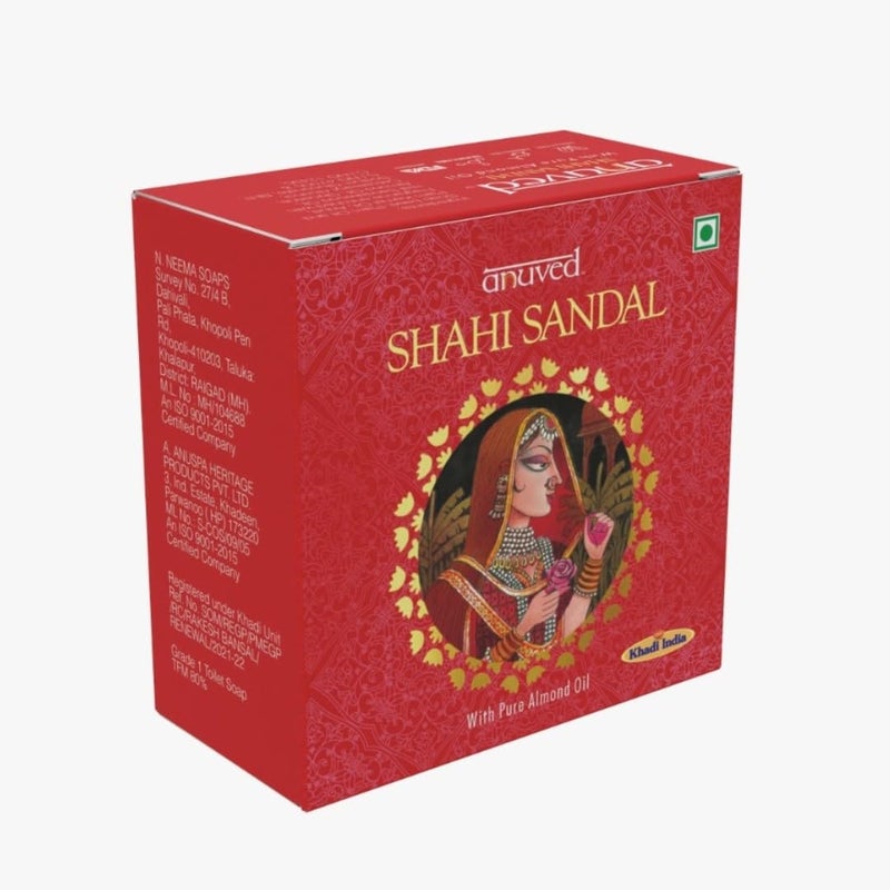 Anuved Shahi Sandal Soap Pack of 6 125g each Pure Sandalwood Oil Almond Oil Moisturizing Glowing Soothing Paraben Chemical Free Herbal Bath Soaps for Men Women - Image 4