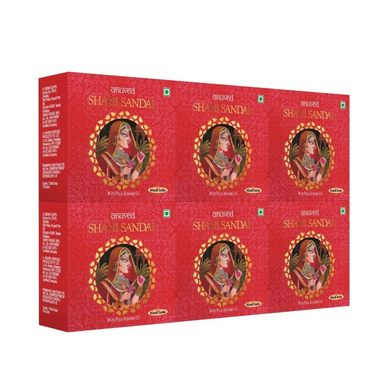 Anuved Shahi Sandal Soap Pack of 6 125g each Pure Sandalwood Oil Almond Oil Moisturizing Glowing Soothing Paraben Chemical Free Herbal Bath Soaps for Men Women - Image 1