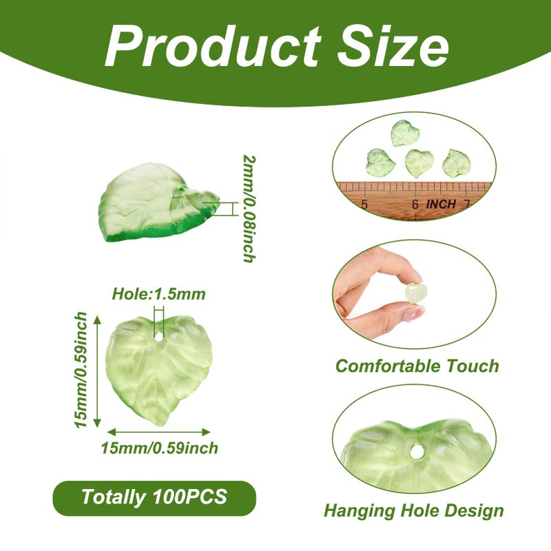 Craftdady 100Pcs Transparent Green Acrylic Leaf Pendants 15x15mm Plastic Leaf Bead Charms with 1.5mm Hole for DIY Jewelry Craft Making - Image 2