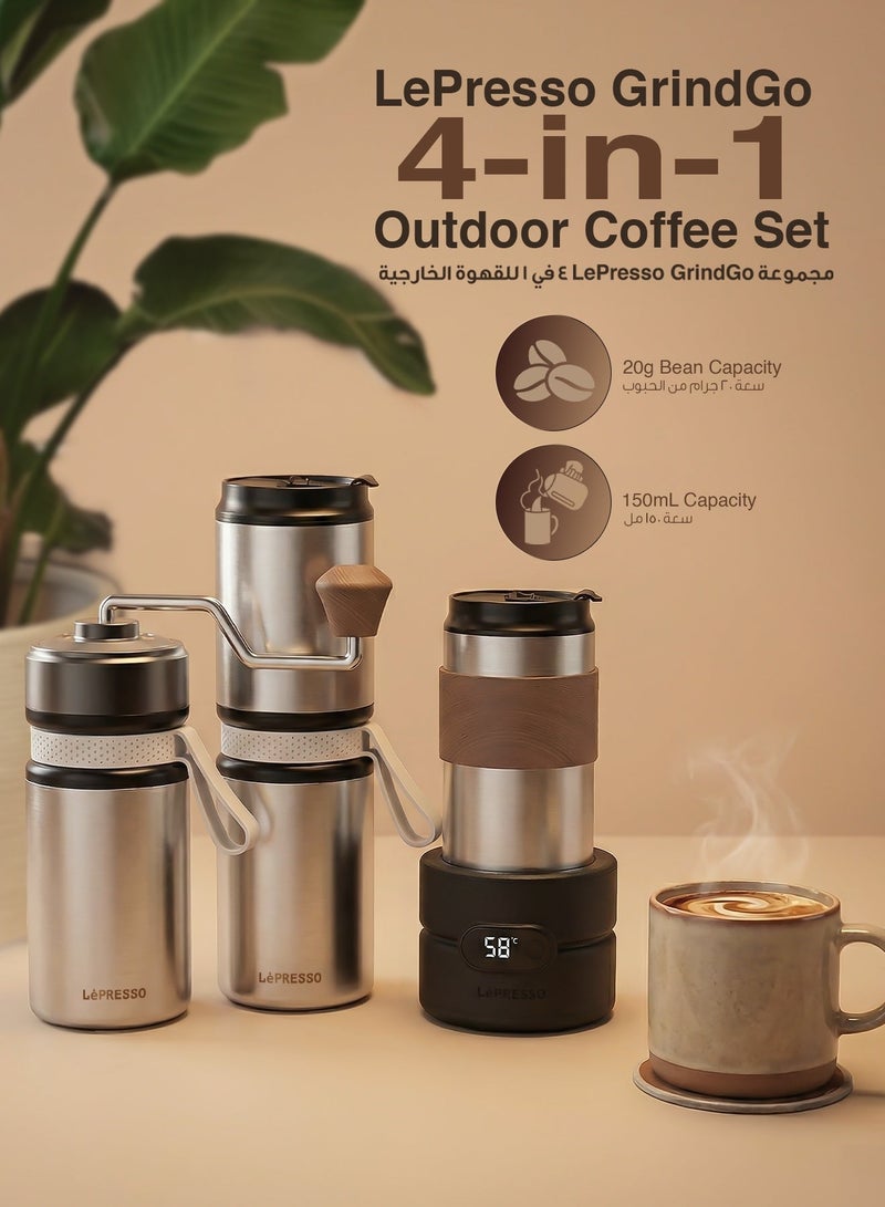 ليبرسو Quattro 4-In-1 Outdoor Coffee Set With Drip Coffee Brewer , Grinder Hand & Auto Grinder Motor , 150ml Water Capacity, Cup Outdoor Coffee Maker/ 1200mAh Battery Capacity / 13W Power / Bean Cup Capacity 20G / USB-C Charging - Silver - Image 2