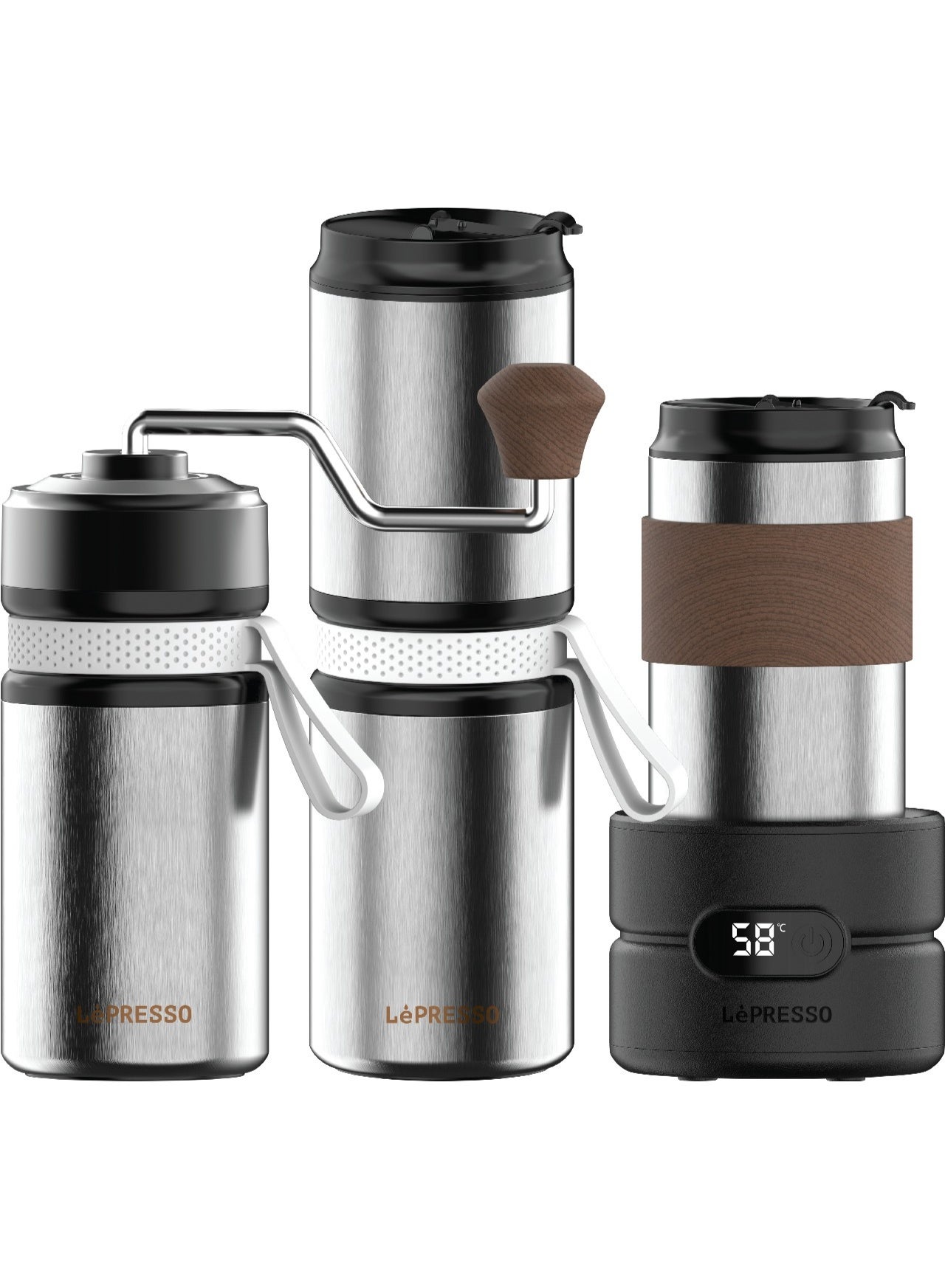 Quattro 4-In-1 Outdoor Coffee Set With Drip Brewing, Grinder Hand, Drip Coffee & 150ml Water Boiler / 1200mAh Battery Capacity / 13W Power / Bean Cup Capacity 20G / USB-C Charging - Silver