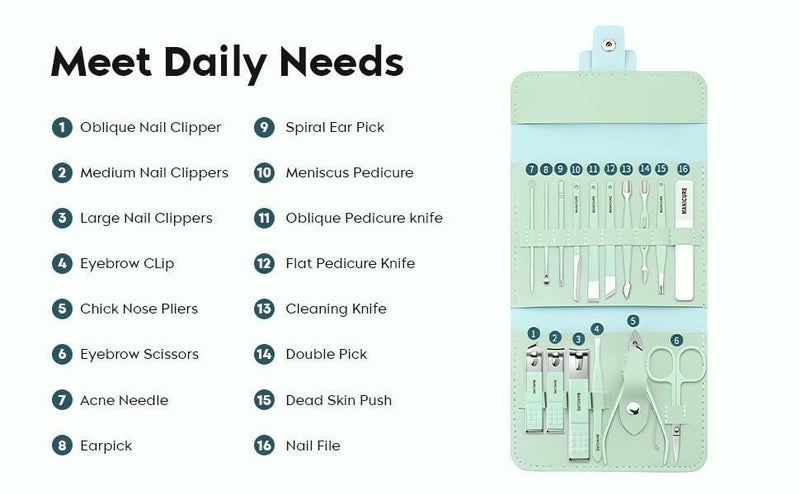 BBRAIMEN BBRAIMEN 16 in 1 Nail Kit Manicure kit Nail Tools Nail Cutter Grooming Kit with Acne Needle Blackhead Tool Tools Set Acne Remover Needle Steel Manicure Kit Pedicure Tools for Feet Nail Care Tools - Image 5