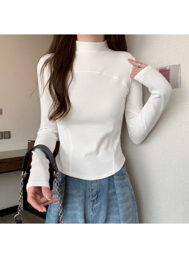YUZHAOLIN Semi-Turtleneck Base Layer For Women, Fishbone Splicing White Body Slim-Fit T-Shirt, Long-Sleeve Autumn And Winter Inner Wear Top, Black - Image 5