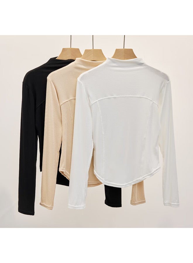 YUZHAOLIN Semi-Turtleneck Base Layer For Women, Fishbone Splicing White Body Slim-Fit T-Shirt, Long-Sleeve Autumn And Winter Inner Wear Top, Black - Image 4