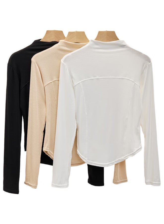 YUZHAOLIN Semi-Turtleneck Base Layer For Women, Fishbone Splicing White Body Slim-Fit T-Shirt, Long-Sleeve Autumn And Winter Inner Wear Top, Black - Image 1