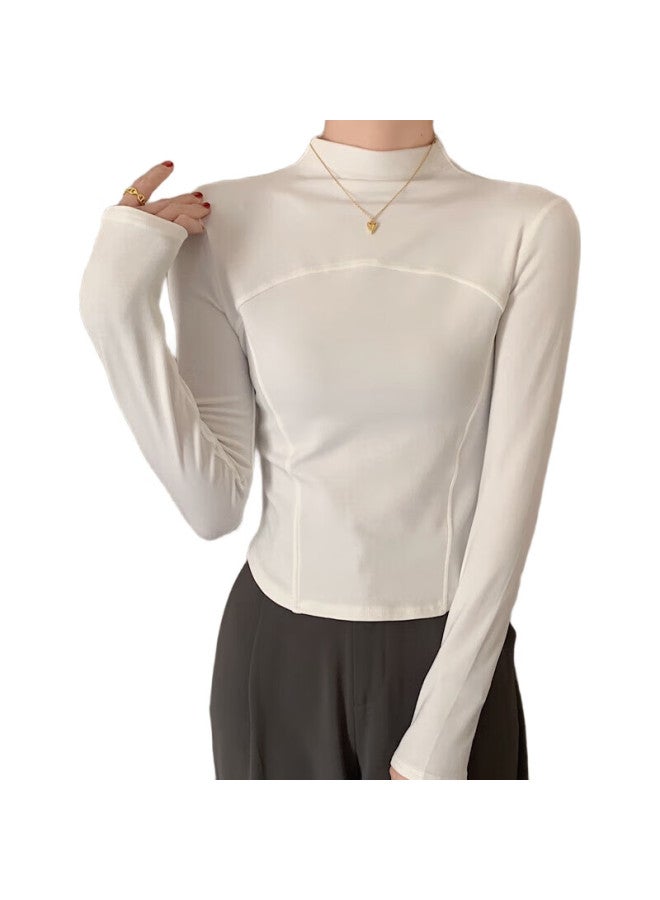 YUZHAOLIN Semi-Turtleneck Base Layer For Women, Fishbone Splicing White Body Slim-Fit T-Shirt, Long-Sleeve Autumn And Winter Inner Wear Top, Black - Image 3