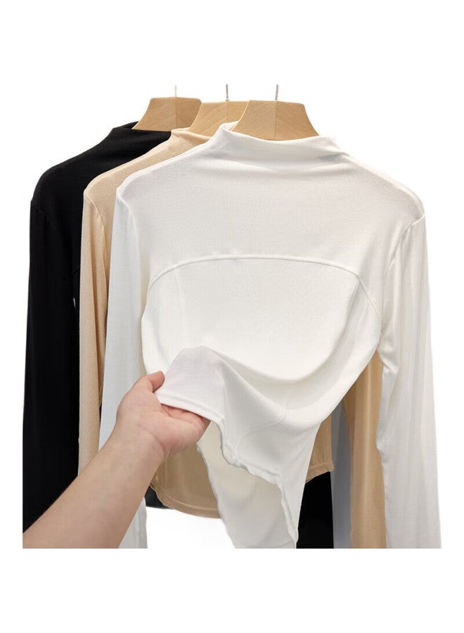 YUZHAOLIN Semi-Turtleneck Base Layer For Women, Fishbone Splicing White Body Slim-Fit T-Shirt, Long-Sleeve Autumn And Winter Inner Wear Top, Black - Image 2