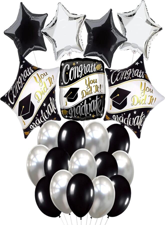 KATCHON Congrats Grad Graduation Mylar Balloons - Black, Silver Graduation Decorations 2021 | Large Square, Star Congrats You Did It Graduate Balloons | Black and White Grad Congrats Balloon for Class of 2021