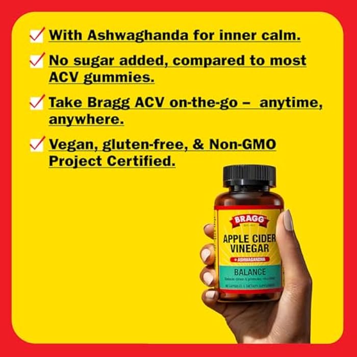 Bragg كبسولات خل التفاح من براج دايلي بالانس وسانسوريل أشواغاندا - 750 ملغ من حمض الأسيتيك - دعم الطاقة وإدارة الوزن - (90 حبة) - Image 3
