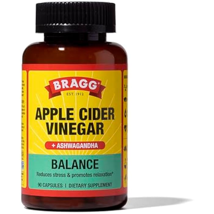 Bragg كبسولات خل التفاح من براج دايلي بالانس وسانسوريل أشواغاندا - 750 ملغ من حمض الأسيتيك - دعم الطاقة وإدارة الوزن - (90 حبة) - Image 1