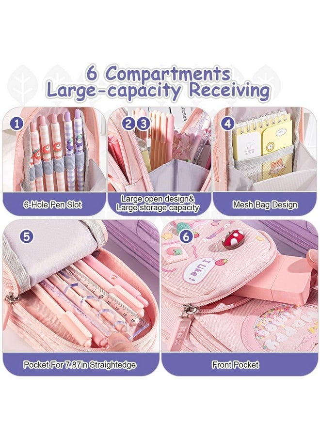 Tec Tavakkal TEC TAVAKKAL Canvas Premium Pencil Case Hang able 6 Layer with 3 Compartment Cute Aesthetic Pencil Case for Girls Large Capacity Pencil Pouch for Kids Cute Stationary Gift for Kids (Pink)  - Image 2