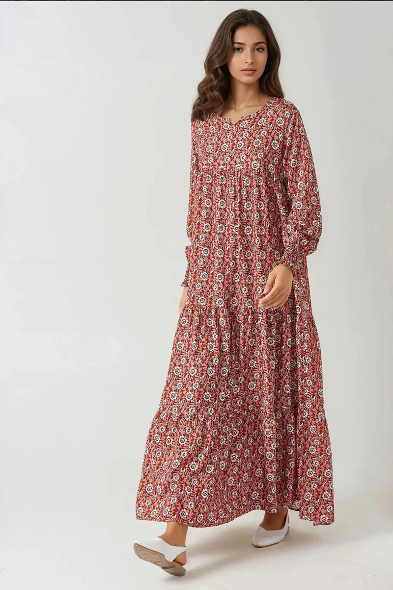 Hiccup Red Printed Crew Neck Viscose Maxi Dress for Women | Best Price UAE