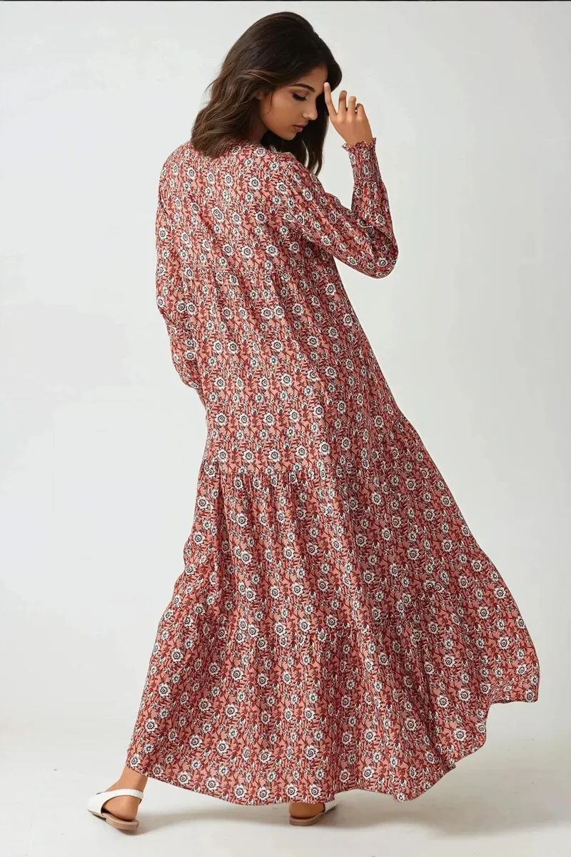 Hiccup Red Printed Crew Neck Viscose Maxi Dress for Women | Best Price UAE