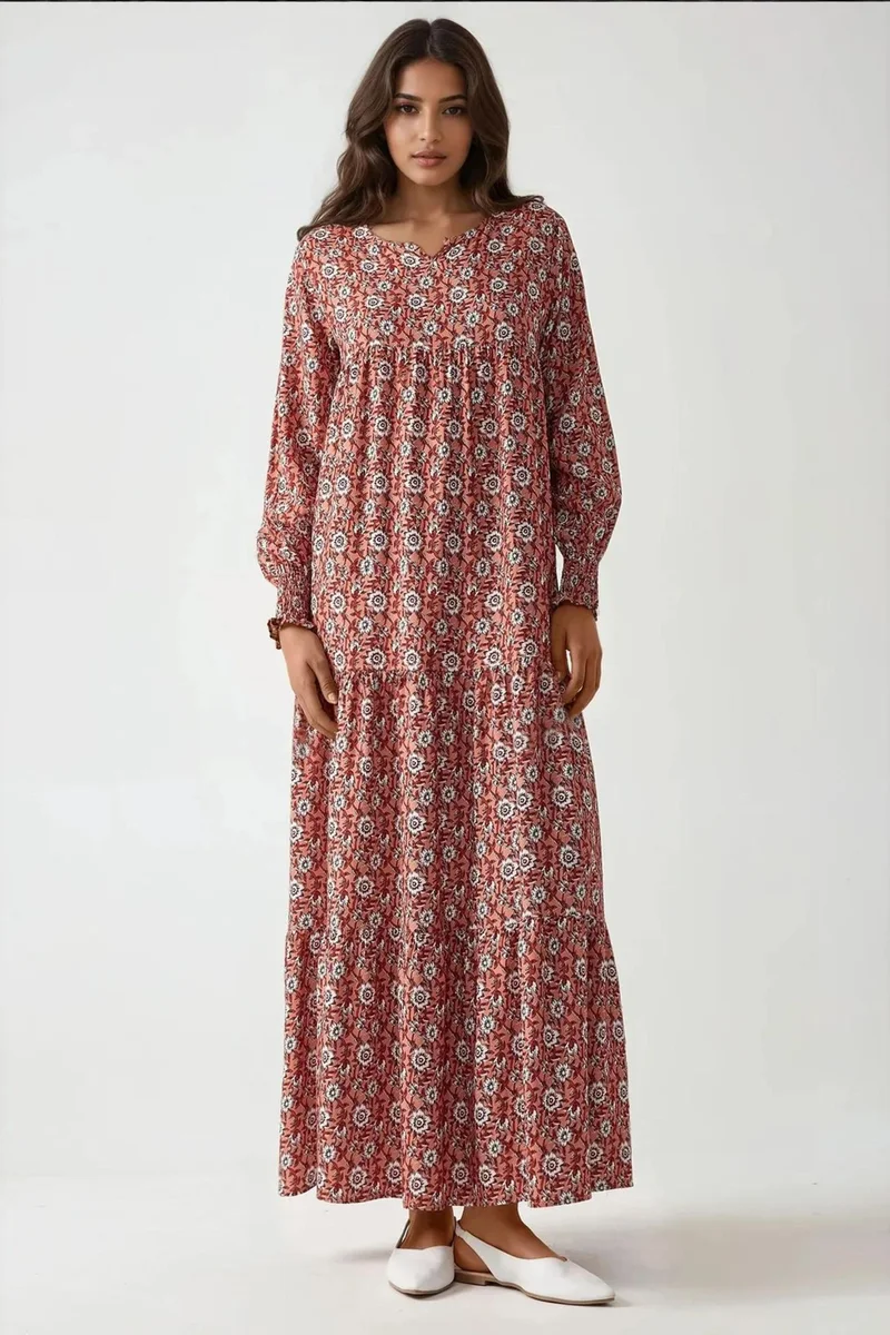 Hiccup Red Printed Crew Neck Viscose Maxi Dress for Women | Best Price UAE
