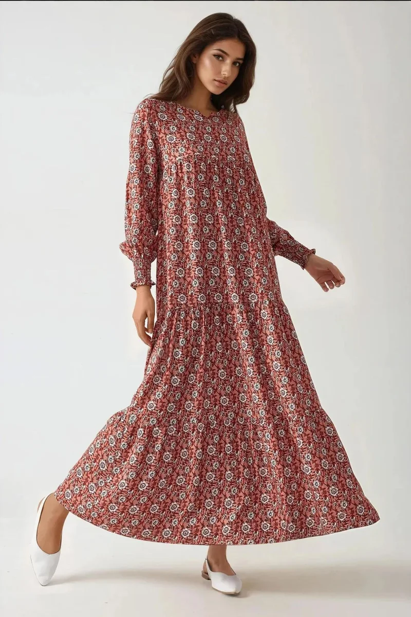 Hiccup Red Printed Crew Neck Viscose Maxi Dress for Women | Best Price UAE