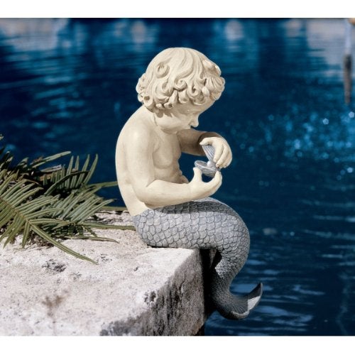 Design Toscano Ocean's Little Treasures Sitting Mermaid Garden Statue, 15 Inch, Resin, Faux Two Tone Stone Finish - Image 2