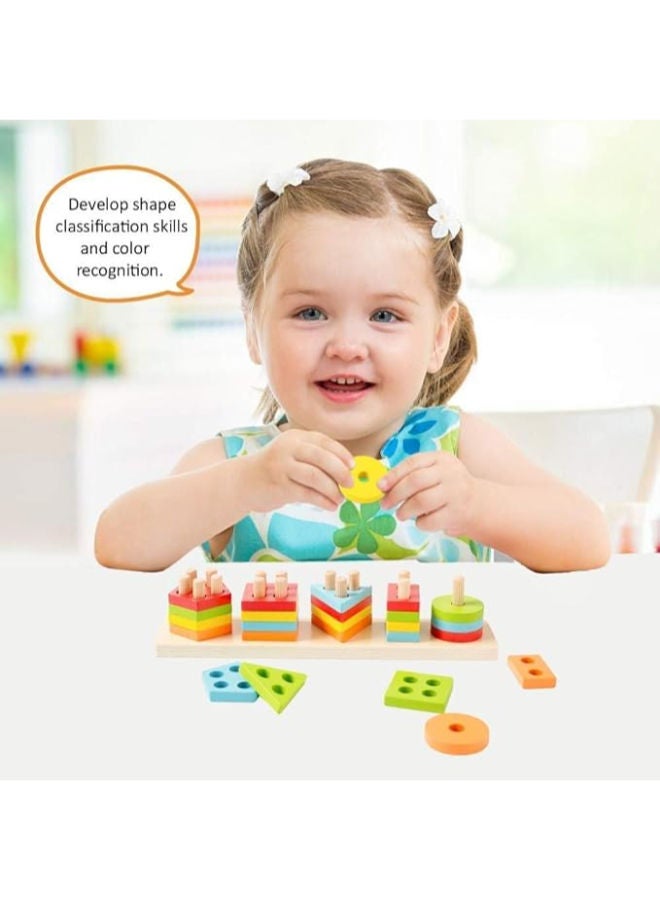 KIDSZONE Wooden Sorting & Stacking Toys For Toddlers 1-3. (5 Shapes) - Image 4