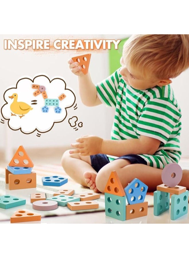 KIDSZONE Wooden Sorting & Stacking Toys For Toddlers 1-3. (5 Shapes) - Image 2