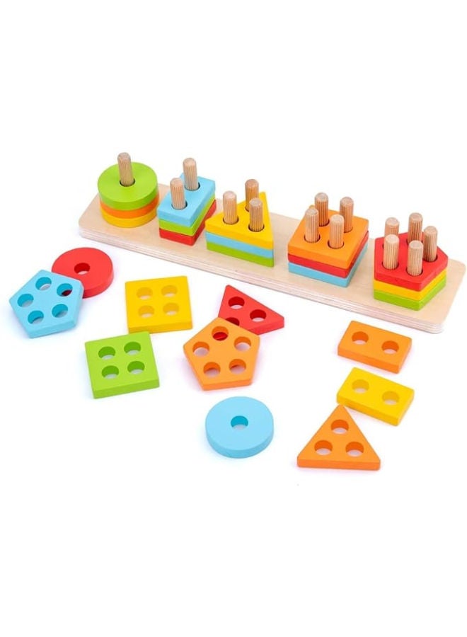 KIDSZONE Wooden Sorting & Stacking Toys For Toddlers 1-3. (5 Shapes) - Image 1