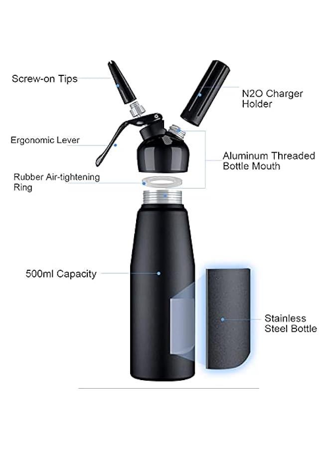 BWSJ Whipped Cream Dispenser Professional Aluminum Culinary Canister Cream Whipper Durable Stainless Steel LeakFree Seals with 3 Decorating Nozzles Cream Foam Maker for Cake Dessert Coffee 500ml Black) - Image 3