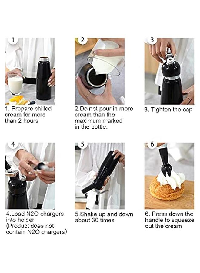 BWSJ Whipped Cream Dispenser Professional Aluminum Culinary Canister Cream Whipper Durable Stainless Steel LeakFree Seals with 3 Decorating Nozzles Cream Foam Maker for Cake Dessert Coffee 500ml Black) - Image 4