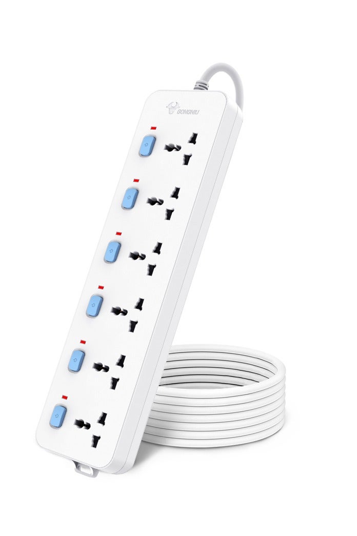 غونغنيو سلك تمديد عالمي متعدد المقابس بطول 3 متر – مشترك كهرباء بـ6 منافذ و6 مفاتيح فردية مع واقي من زيادة التيار – وصلة كهرباء للمكتب والمنزل - Image 3