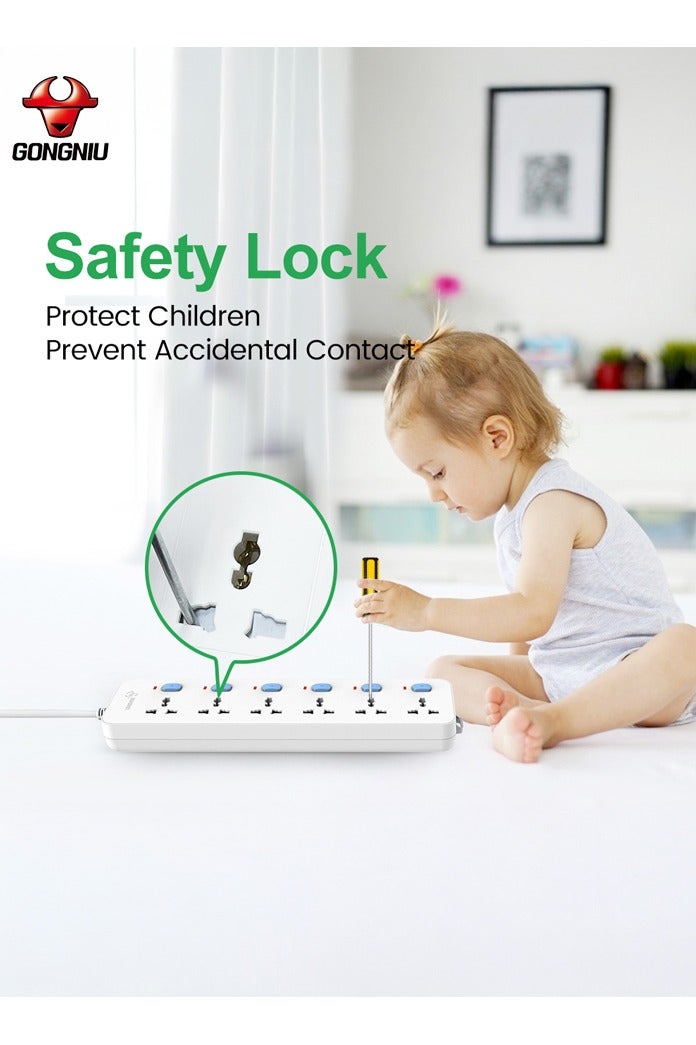 غونغنيو سلك تمديد عالمي متعدد المقابس بطول 3 متر – مشترك كهرباء بـ6 منافذ و6 مفاتيح فردية مع واقي من زيادة التيار – وصلة كهرباء للمكتب والمنزل - Image 5