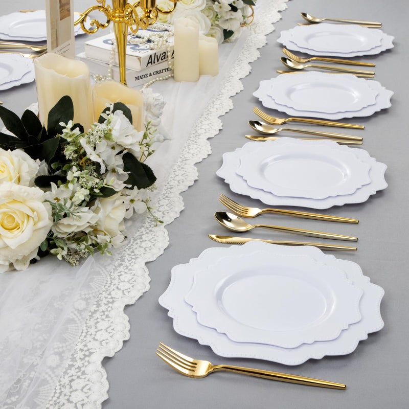 COLOSUS 100pcs White Disposable Plastic Plate-Heavy duty plate for Party/Wedding/anniversary 50 dinner plates and 50 dessert/salad plates - Image 2