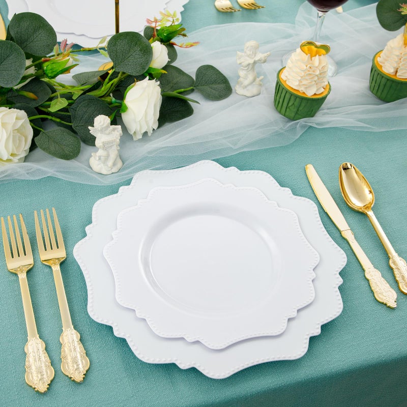 COLOSUS 100pcs White Disposable Plastic Plate-Heavy duty plate for Party/Wedding/anniversary 50 dinner plates and 50 dessert/salad plates - Image 4