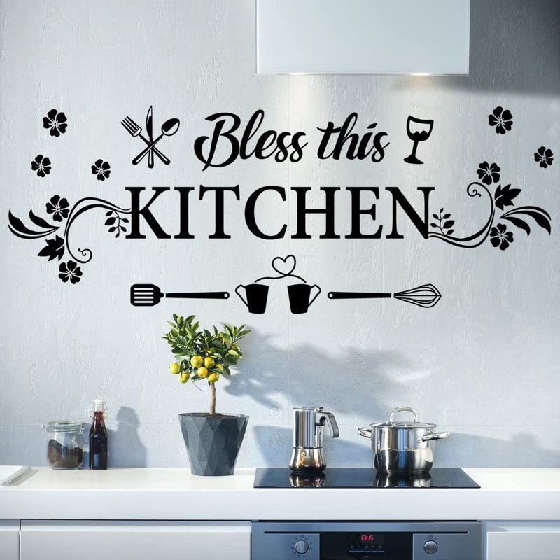 CASADECOR Kitchen Quotes Wall Decor Sticker  Bless This Kitchen Decals With Flower Art  Removable DIY Vinyl Stickers for Dining Baking Room Bar Restaurant Home Decor