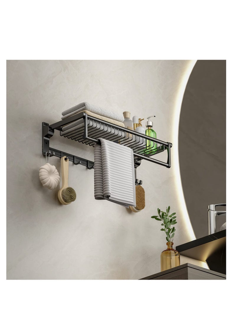 Towel Rack for Bathroom Storage Wall Mounted Foldable Shelf with Bar Hooks No Assembly Required 24Inch Black - Image 2