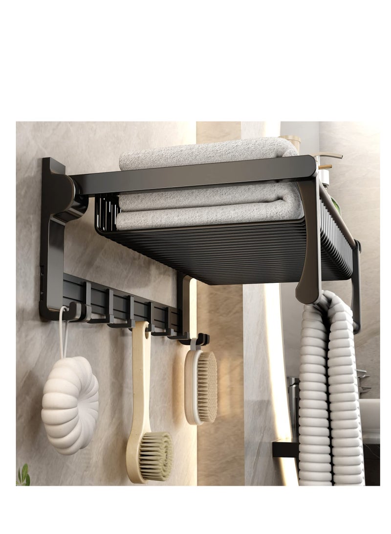 Towel Rack for Bathroom Storage Wall Mounted Foldable Shelf with Bar Hooks No Assembly Required 24Inch Black - Image 1