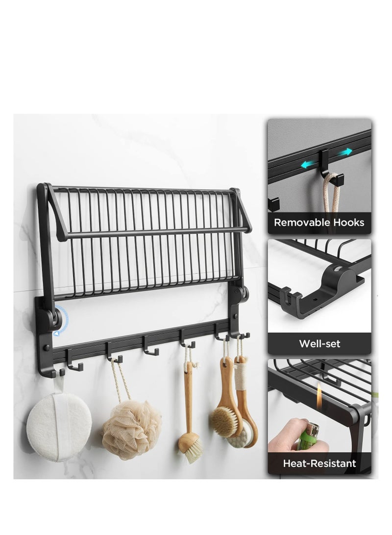 Towel Rack for Bathroom Storage Wall Mounted Foldable Shelf with Bar Hooks No Assembly Required 24Inch Black - Image 3