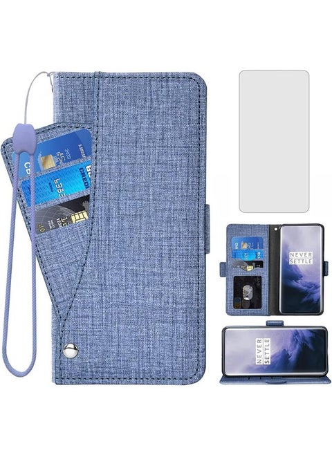 Compatible With Oneplus 7 Pro Wallet Case Tempered Glass Screen Protector And Flip Cover Card Holder Phone Cases For Oneplus7Pro 5G One Plus 1 Plus 7 1Plus Oneplus7 7Pro One Plus 1 Plus Seven Men Blue