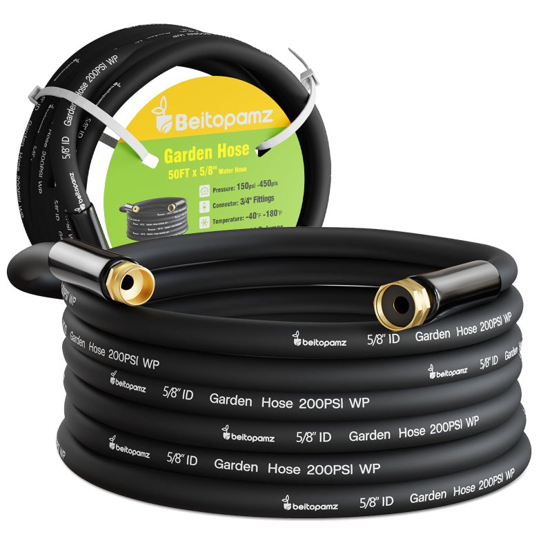 Beitopamz Garden Hose 50 ft x 5/8 in Heavy Duty Water Hose, Flexible and Durable, Lightweight Rubber Hybrid Hose, Leak-Free Connections, Male to Female 3/4'' Brass Fittings for Patio, Lawn, Black - Image 1