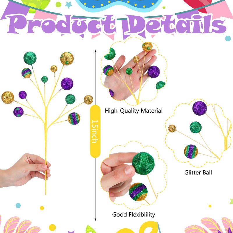 Youyole 10 Pcs 15 Inch Mardi Gras Picks Large Purple Green Gold Glitter Ball Pick for Mardi Gras Tree Table Decorations Vase Filler Arrangement Wreath - Image 2