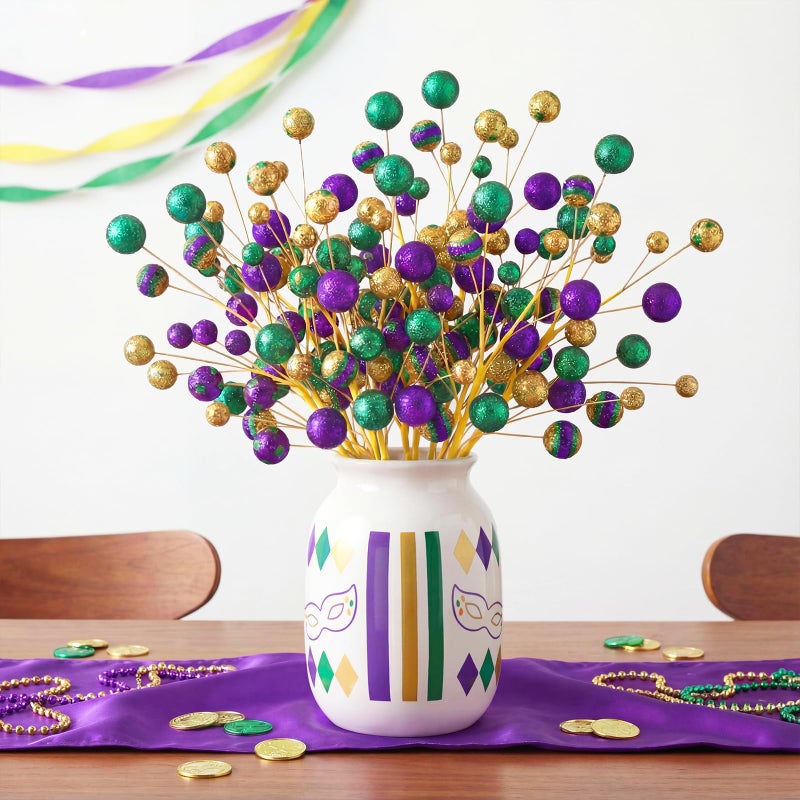 Youyole 10 Pcs 15 Inch Mardi Gras Picks Large Purple Green Gold Glitter Ball Pick for Mardi Gras Tree Table Decorations Vase Filler Arrangement Wreath - Image 1