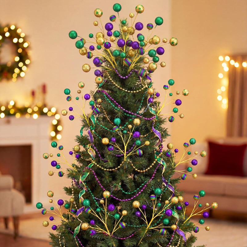 Youyole 10 Pcs 15 Inch Mardi Gras Picks Large Purple Green Gold Glitter Ball Pick for Mardi Gras Tree Table Decorations Vase Filler Arrangement Wreath - Image 3